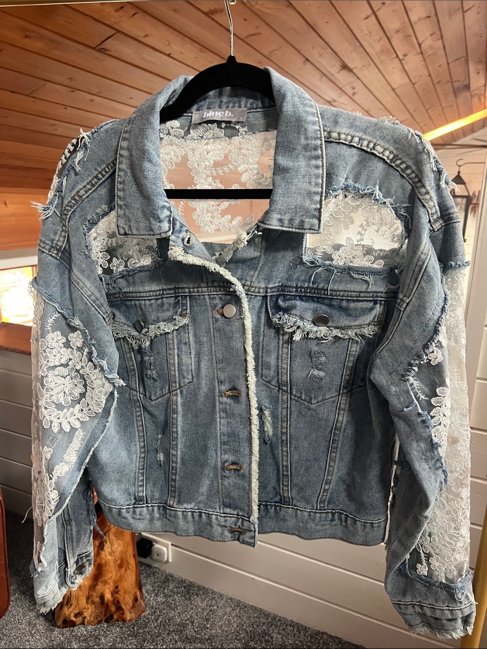 Blue B Embellished Lace-Panel Distressed Denim Jacket - Light Blue